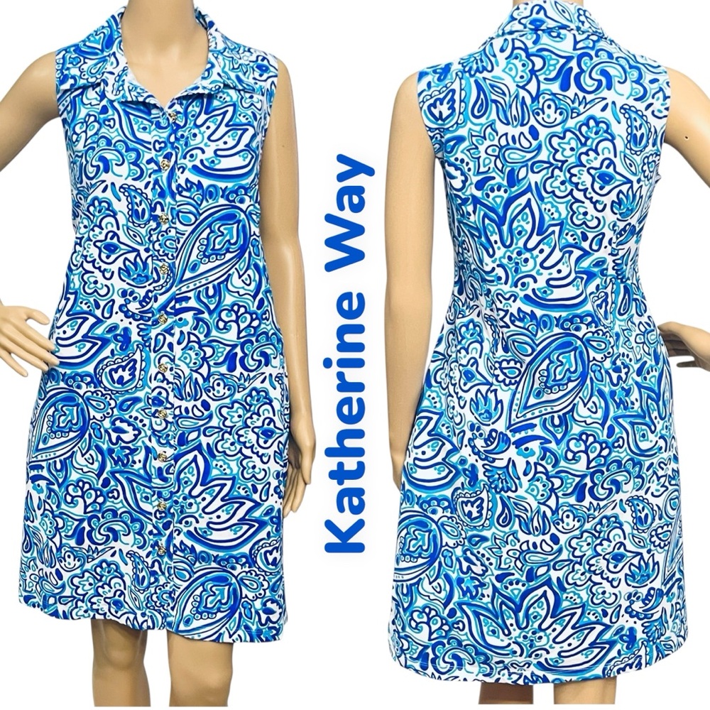 Katherine Way Dress Blue White Paisley Floral/Golf: Button Collar Made/US Sz XL